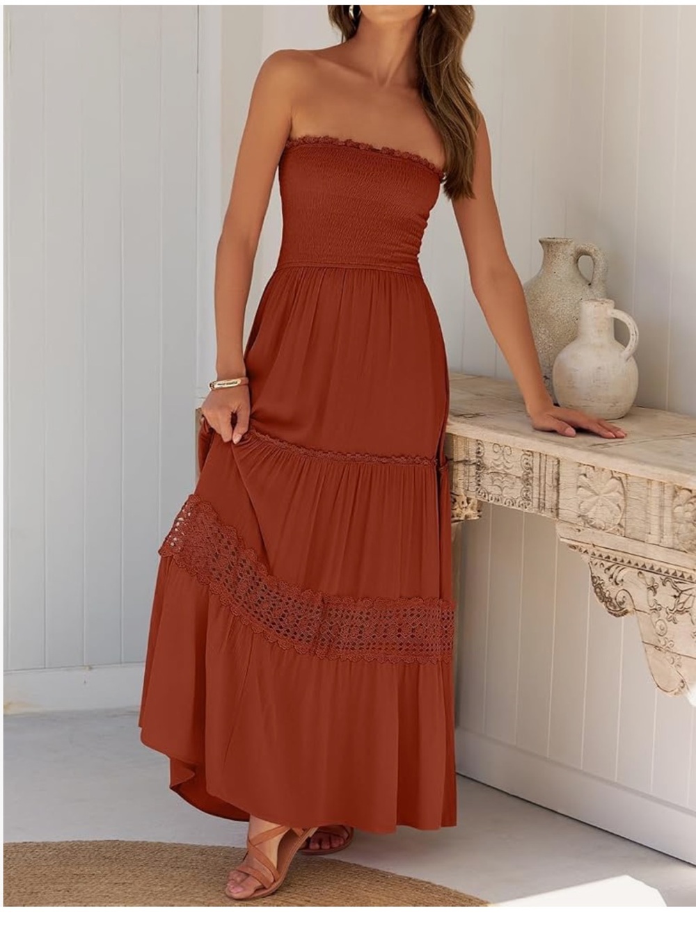 Strapless Rust Tiered Maxi Dress